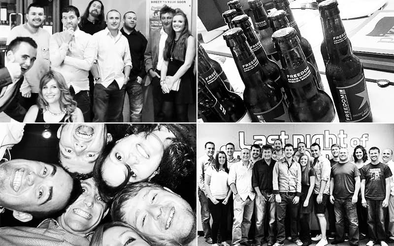 Split image - featuring two images of a group of men and women posing for a photo, men and women looking down to a camera, and beer bottles 