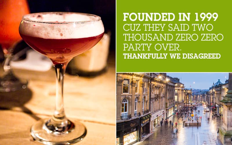 Split image of a red cocktail and Newcastle's Grey Street at night, along with white text in a green box.