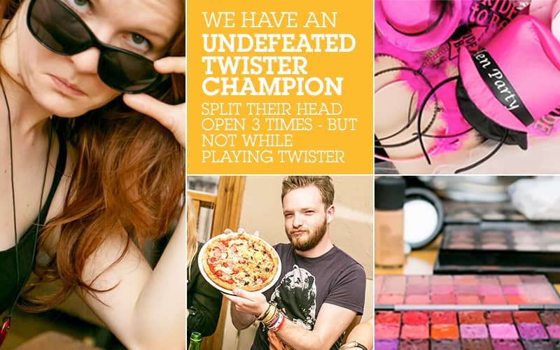 Split image of a woman wearing sunglasses, a man holding a pizza, pink hen party hats and a close up of makeup, along with white text in an orange box.