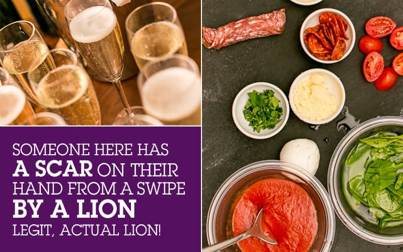 Split image of full champagne flutes and pizza ingredients on a table, as well as a purple box with white text.