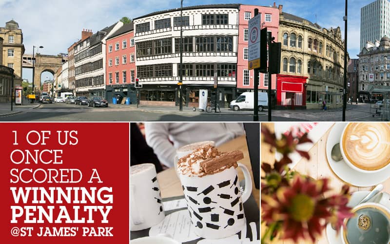Split image of the exterior of bars on Newcastle's quayside, a hot chocolate with cream and a flake, and a full cappuccino cup, along with white text in a red box.