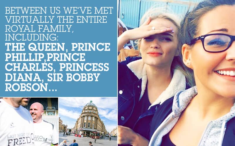 Split image of a selfie of two women, a man in an LNOF football kit and the Monument centre, Newcastle, during the day, as well as white text in a blue box .