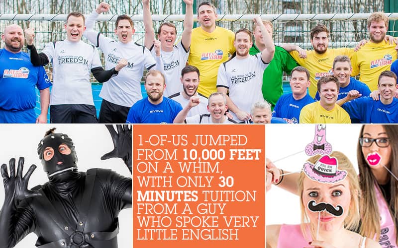 Split image of a man in a Gimp suit, two women holding Photobooth props, and a group of men posing in football kits, as well as white text in an orange box