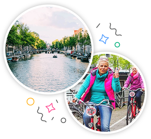 A canal in Amsterdam and two women riding bikes embedded within a party themed introduction image to hen activities in Amsterdam