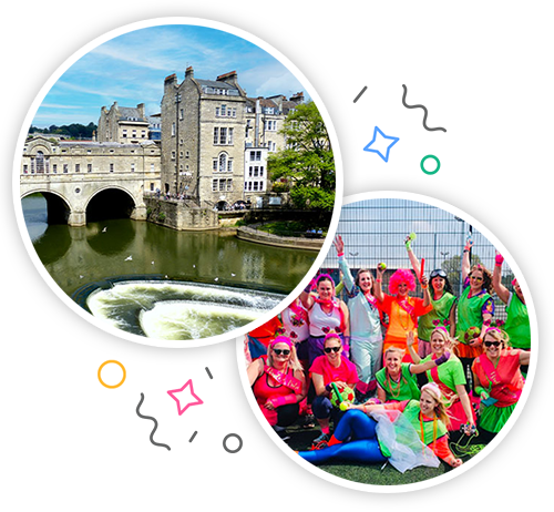 A bridge over the river in Bath in the daytime and a hen group dressed up in neon sporty gear ready to do an activity embedded within a party themed introduction image to hen activities in Bath