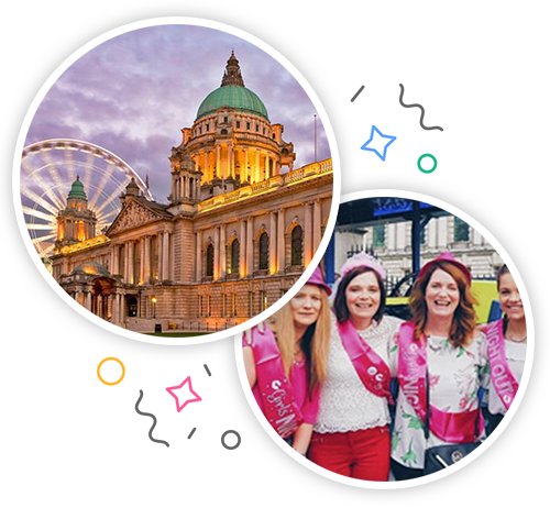Belfast city hall at dusk and a hen group in sashes stood in front of the Belfast party bike embedded within a party themed introduction image to hen activities in Belfast
