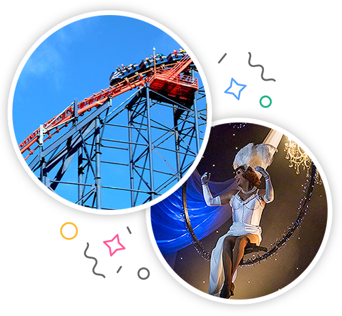 The Big One, a rollercoaster at the Pleasure Beach, about to go down a drop and a drag queen sat in a circular platform embedded within a party themed introduction image to hen activities in Blackpool