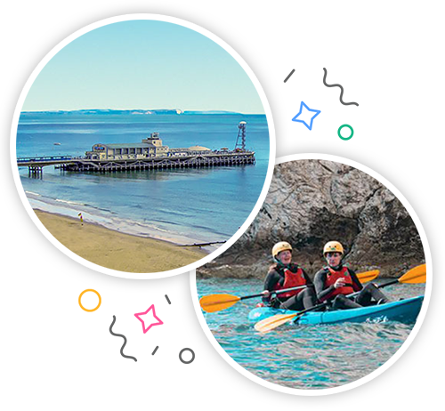 Bournemouth Pier in the day and two people kayaking in the same kayak embedded within a party themed introduction image to hen activities in Bournemouth