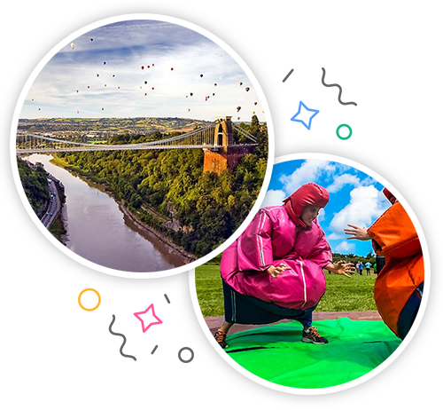 The Clifton Suspension Bridge with lots of hot air balloons floating above it and two people wearing inflatable sumo suits ready to wrestle embedded within a party themed introduction image to hen activities in Bristol