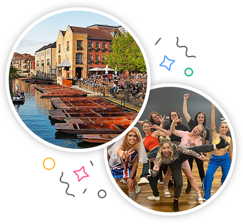 The river in Cambridge, with lots of punting boats, and a group of women taking part in the Spice Girls dance class embedded within a party themed introduction image to hen activities in Cambridge