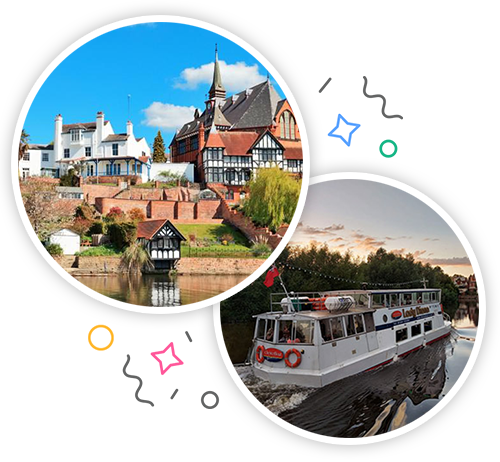 Chester's riverside with some grand looking buildings and a boat cruising down the river embedded within a party themed introduction image to hen activities in Chester