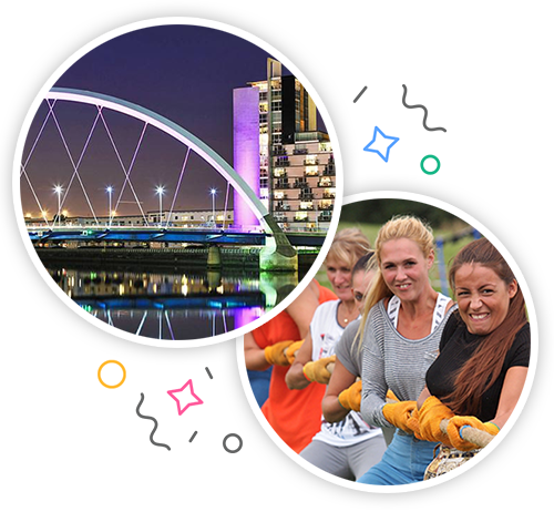A bridge in Glasgow at night and a group of woman taking part in a tug of war embedded within a party themed introduction image to hen activities in Glasgow