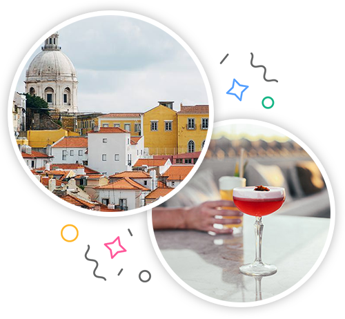 The skyline of Lisbon and a cocktail and a beer on a table embedded within a party themed introduction image to hen activities in Lisbon