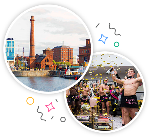 The Royal Albert Dock and a group of women celebrating with half naked butlers embedded within a party themed introduction image to hen activities in Liverpool