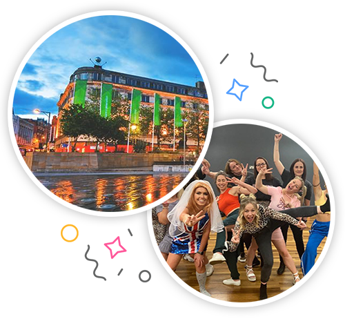 Manchester city centre and a group of women taking place in a Spice Girls dance class embedded within a party themed introduction image to hen activities in Manchester
