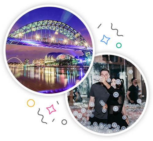 The Tyne Bridge and a woman and a man taking a selfie in a ball pit embedded within a party themed introduction image to hen activities in Newcastle