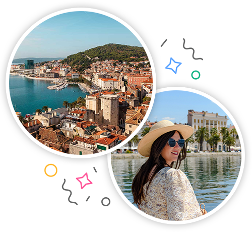 The coast of Split in the day and a brunette woman in a sun hat and glasses posing with the sea in the background embedded within a party themed introduction image to hen activities in Split