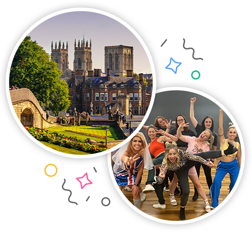 A view of York with a bridge in the foreground and the York Minster in the background and a group of women taking part in the Spice Girls dance class embedded within a party themed introduction image to hen activities in York