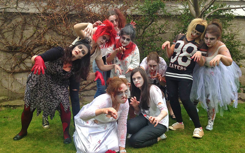 Some hens dressed in Halloween outfits