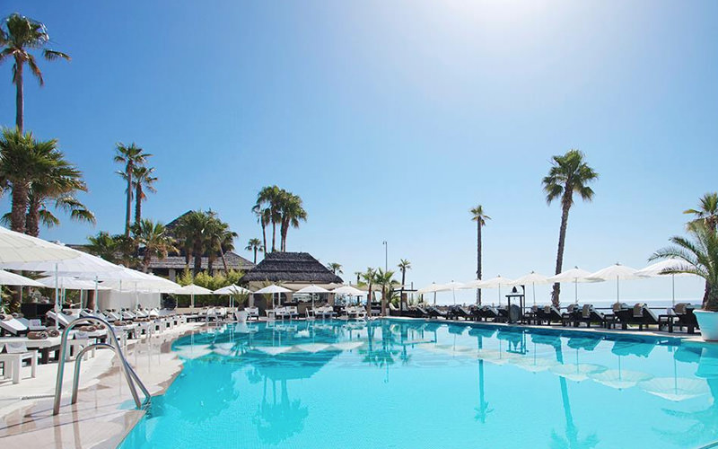 A glamorous swimming pool with palm trees surrounding and white sun loungers