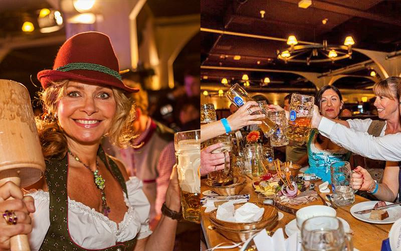 A split image of groups of women with steins of beer