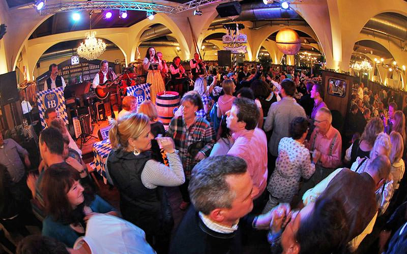 The interiors of a packed beer hall