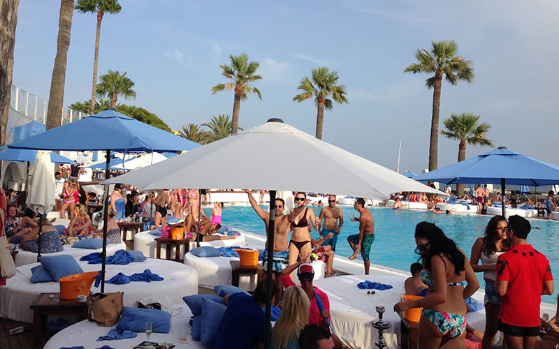 A pool party with palm trees in the background