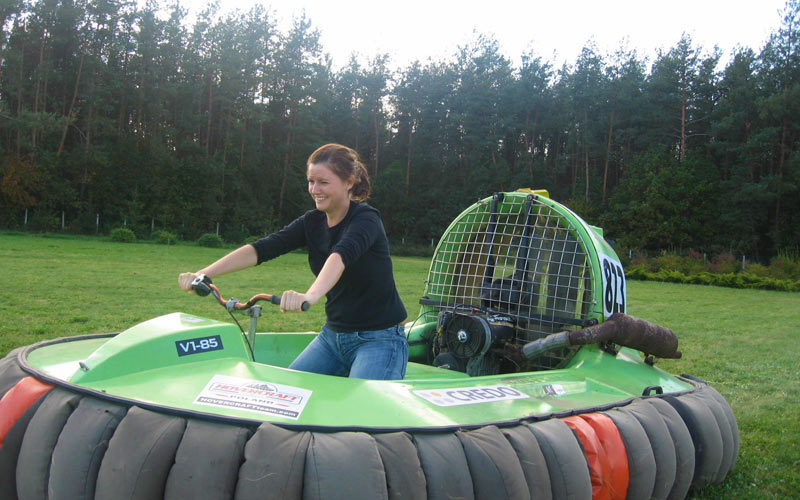 A woman riding an inflatable vehicle