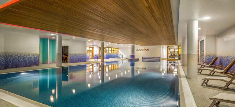 A swimming pool within a hotel