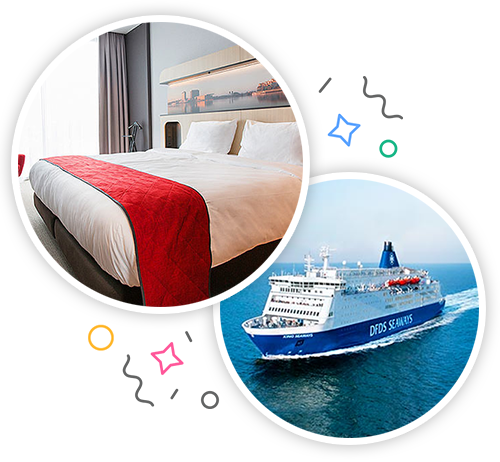 The inside of a hotel room with a double bed and a ship on the sea embedded within a party themed introduction image to hen accommodation in Amsterdam