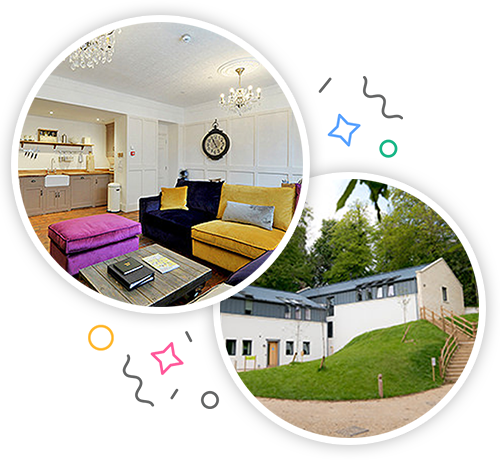 The inside of an apartment with an open plan living room and kitchen and the outside of a hen party house embedded within a party themed introduction image to hen accommodation in Bath