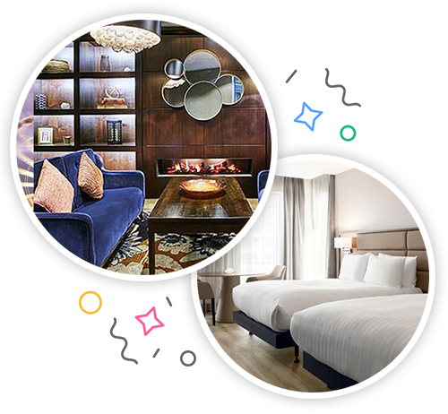 The inside of a plush hotel lobby and the inside of a hotel room with two white beds embedded within a party themed introduction image to hen accommodation in Belfast