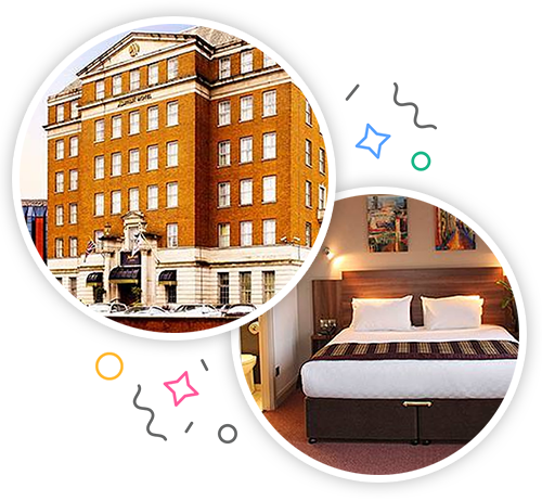 The outside of a grand looking hotel in Birmingham and the inside of a hotel room with a double bed and some wall art in the background embedded within a party themed introduction image to hen accommodation in Birmingham