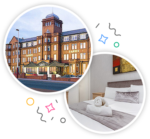 The outside of a big looking hotel and the inside of a hotel room with a double bed in it embedded within a party themed introduction image to hen accommodation in Blackpool