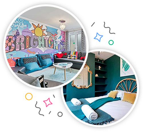 The inside of a colourful apartment, with Brighton written on the wall in a pop art style mural and a regal looking bedroom with a mirror embedded within a party themed introduction image to hen accommodation in Brighton