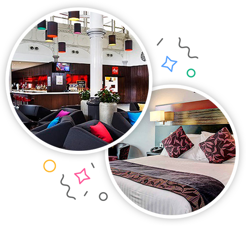 The inside of a hotel lobby with sofas and a bar and the inside of a hotel room with a double bed embedded within a party themed introduction image to hen accommodation in Cardiff