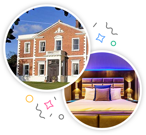 The outside of a grand looking hotel and the inside of a hotel room with a double bed embedded within a party themed introduction image to hen accommodation in Chester