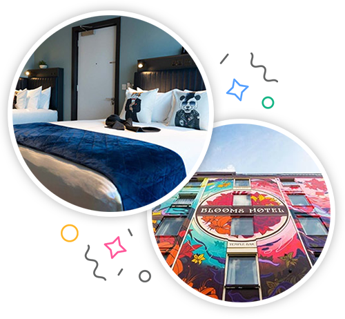 The inside of a hotel room with a double bed that has cushions with dogs on them and the colourful and flowery outside of Blooms Hotel, embedded within a party themed introduction image to hen accommodation in Dublin