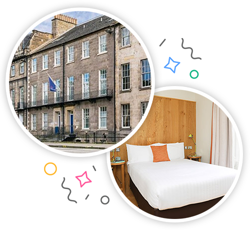 The outside of a hotel and the inside of a hotel with a double bed and an orange cushion embedded within a party themed introduction image to hen accommodation in Edinburgh