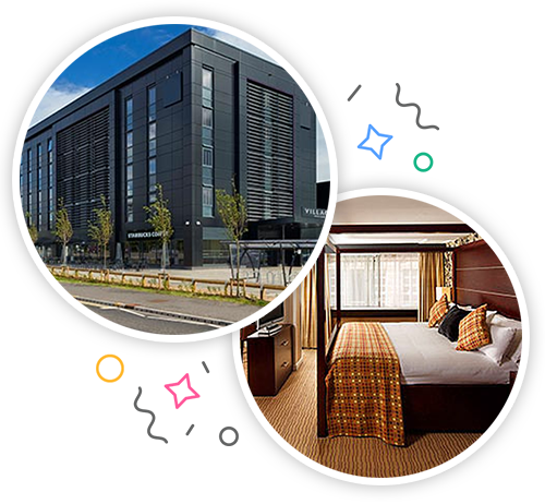 The outside of a hotel and the inside of a hotel room with a yellow tartan bedspread embedded within a party themed introduction image to hen accommodation in Glasgow