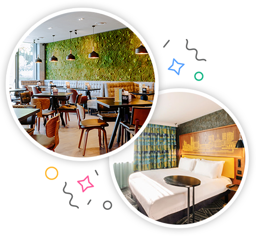 The inside of a hotel's breakfast room and the inside of a hotel room with a double bed embedded within a party themed introduction image to hen accommodation in Leeds