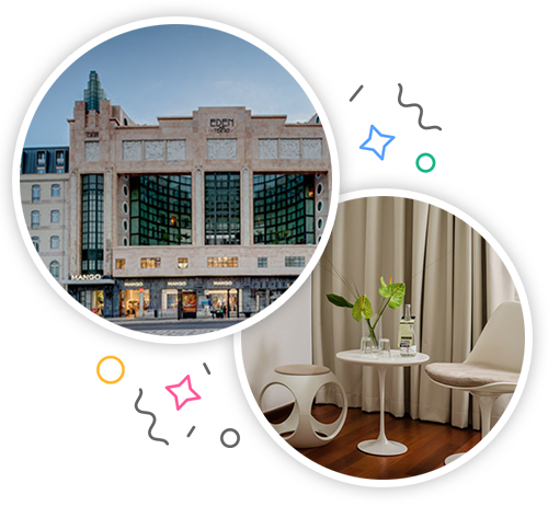 The outside of a grand looking hotel and a stylish looking chair and stool inside of a hotel embedded within a party themed introduction image to hen accommodation in Lisbon