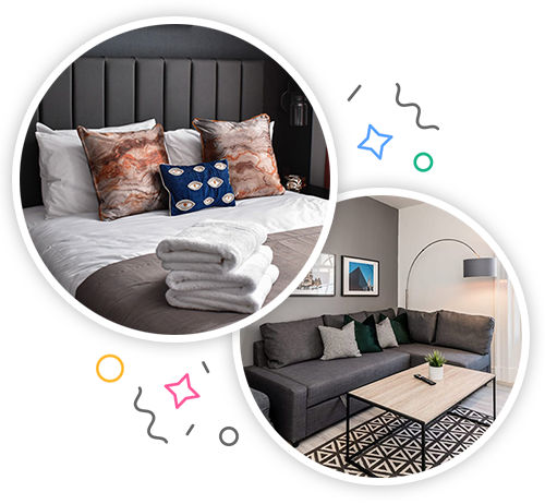 A double bed, with a neat pile of towels on it and a modern apartment living room embedded within a party themed introduction image to hen accommodation in Liverpool