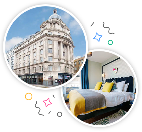 The outside of a grand looking hotel in London and the inside of a hotel room with a double bed embedded within a party themed introduction image to hen accommodation in London