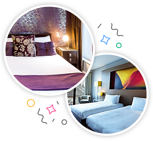 A double bed with a purple and white bedspread and a twin room with two white beds embedded within a party themed introduction image to hen accommodation in Manchester