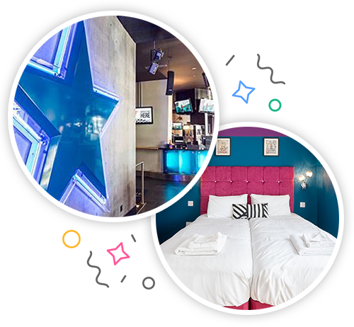 The inside of the Sandman Signature with a big blue star that's lit up and the inside of an apartment with a cute pink bed embedded within a party themed introduction image to hen accommodation in Newcastle