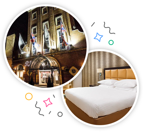 The outside of a hotel, that has union jack flags, at night and the inside of a hotel room with a double bed embedded within a party themed introduction image to hen accommodation in Nottingham