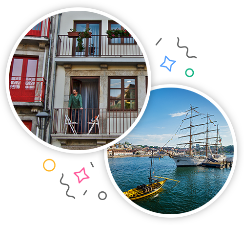 The coast of Porto and a bed in a hotel room in Porto embedded within a party themed introduction image to stag accommodation in Porto