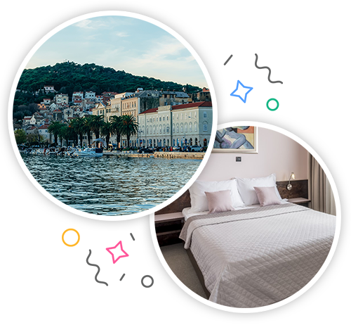 A view of Split from the water and the inside of a hotel room with a white double bed embedded within a party themed introduction image to hen accommodation in Split