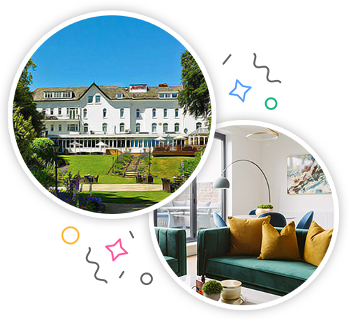 The outside of a huge white hotel with a garden and the inside of an apartment with a green sofa and lots of natural light embedded within a party themed introduction image to hen accommodation in York